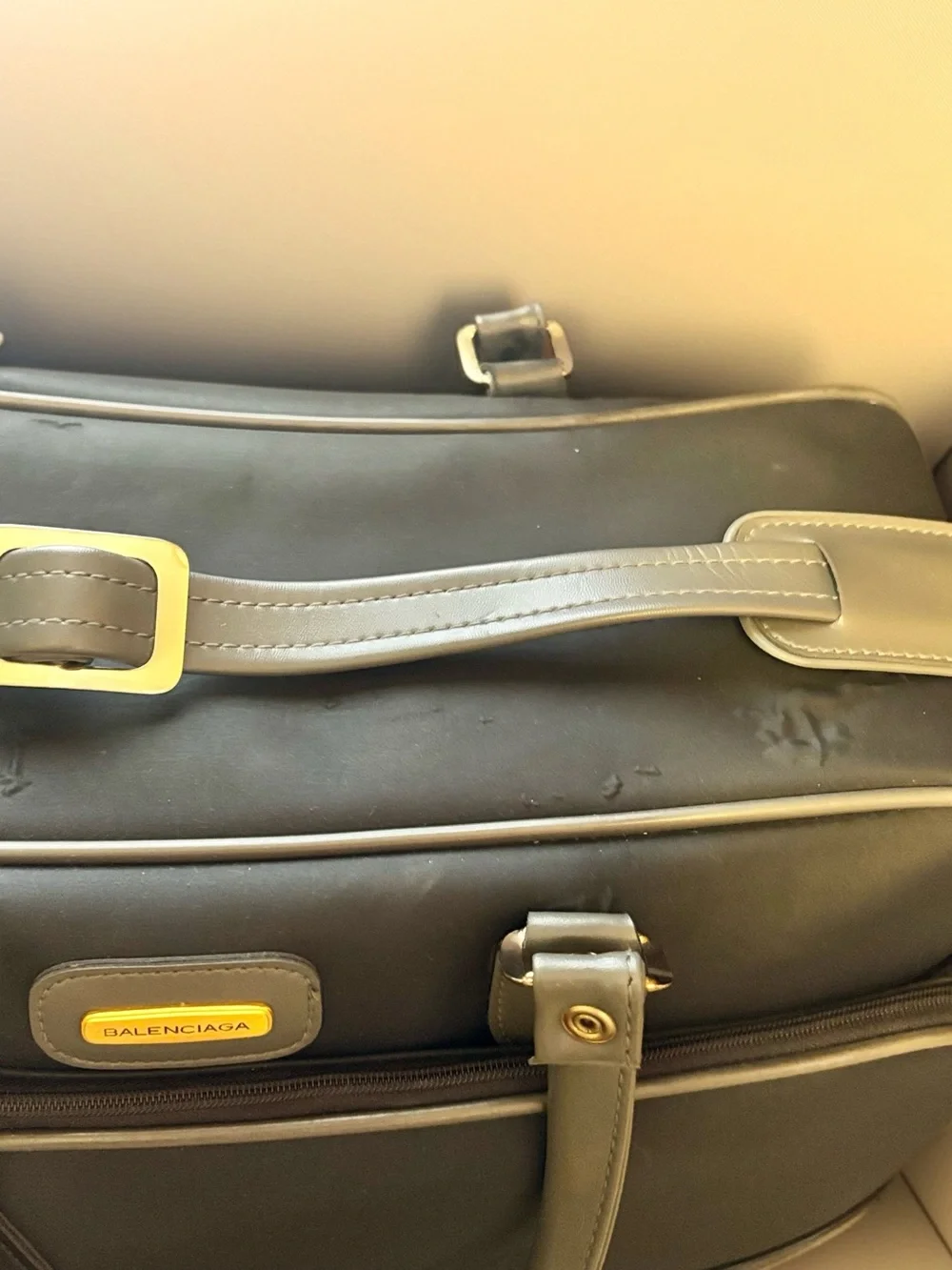 Vintage Balenciaga Black Nylon & Grey Trim Weekender Travel Duffel Bag
